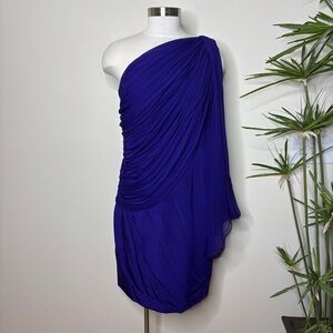 Melinda Eng 100% Silk One Shoulder Chiffon Ruched Side Zip Formal Midi Dress 12